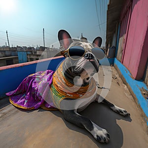 A feisty Dog wearing fashion glasses relaxes in the sun. on the city center\'s roof, Generative Ai photo