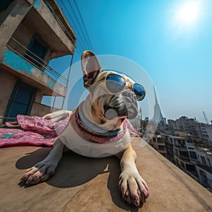 A feisty Dog wearing fashion glasses relaxes in the sun. on the city center\'s roof, Generative Ai photo