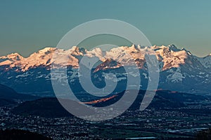 Feldkirch, Rhine valley, Austria - sunrise over Rhine valley with snowy peaks of Apenzell Alps