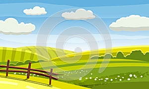 Felds and hills rural landscape. Cartoon countryside valley with green hills trees flowers blue sky and curly clouds