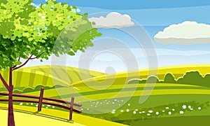 Felds and hills rural landscape. Cartoon countryside valley with green hills trees flowers blue sky and curly clouds