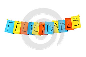 The word congratulations written in Spanish on colorful sheets and white background photo
