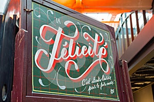 Felicita, Paris, France. Close up of the entrance food market sign