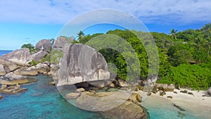 Felicite Island, close to La Digue, Seychelles. Aerial view of tropical coastline on a sunny day