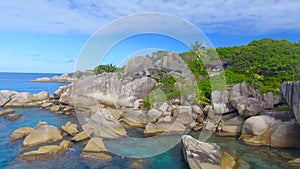 Felicite Island, close to La Digue, Seychelles. Aerial view of tropical coastline on a sunny day