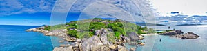 Felicite Island, close to La Digue, Seychelles. Aerial view of tropical coastline on a sunny day