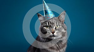 Felicitous feline, cat with birthday hat and blue backdrop