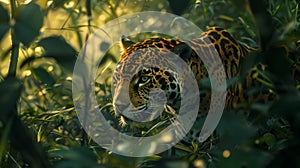 Felidae carnivore, African leopard stalking prey in lush green forest