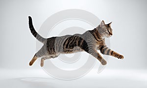 Felidae carnivore cat leaps on white background, showcasing balance and grace