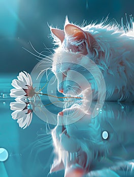 Felidae carnivore cat with whiskers sniffing an azure flower in water