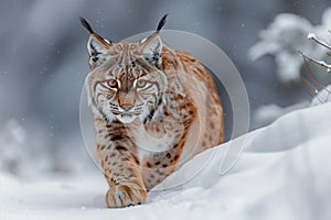 Felidae carnivore Lynx with whiskers walking in snow, terrestrial animal