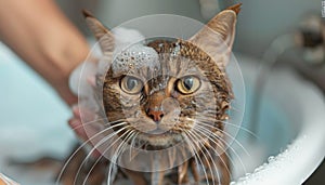 A Felidae carnivore with whiskers is bathed in a tub by a person