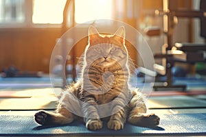 Felidae Carnivore with whiskers sitting on gym yoga mat made of wood flooring