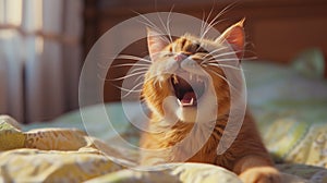 A Felidae Carnivore with whiskers yawning and relaxing on bed