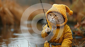 A Felidae carnivore in a yellow raincoat and hat happily fishes in the water