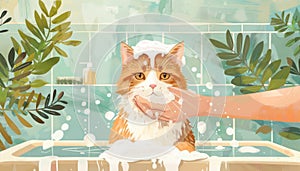 Felidae cat bathing in rectangle tub, whiskers and snout visible