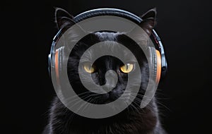 Felidae Cat with headphones in darkness, listening with its sensitive ears