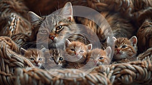 Felidae Cat and her Small to mediumsized cats kittens lying in a basket photo