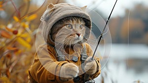 Felidae Cat in a hoodie, holding a fishing rod in grassy terrain