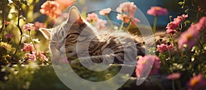 Felidae cat lounging among pink flowers in a grassy field