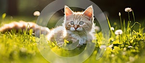 Felidae cat lying in grass, staring at camera with whiskers and fawn fur