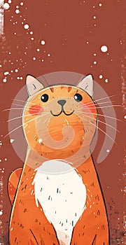 Felidae cat with orange fur, whiskers, sitting on red background, smiling