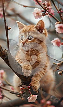 Felidae cat perched on tree branch with pink flowers, whiskers twitching