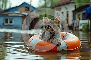 Felidae cat rests on life preserver in flooded area photo