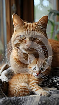 Felidae cat and small kitten rest on blanket, displaying fur and whiskers