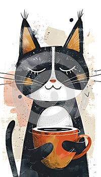 Felidae cat with whiskers holding a cup of coffee, painted in black and white