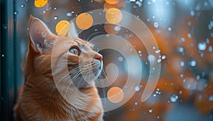 Felidae cat with whiskers looking out of window at rain