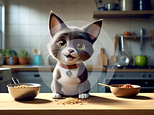 A Felidae cat with whiskers sits on a kitchen counter near bowls of food