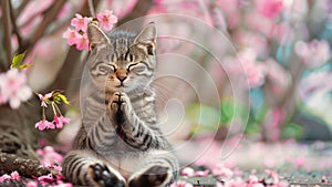 Felidae cat with whiskers sitting under tree with pink flowers