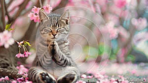 Felidae cat with whiskers sitting under tree with pink flowers photo
