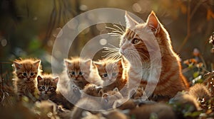 Felidae family cat with her small to mediumsized kittens sitting in the grass