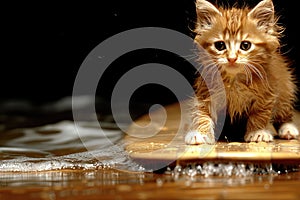 A Felidae fawn with whiskers stands on a wooden board in liquid photo