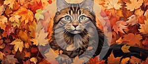 Felidae Lynx with whiskers sitting in leaves, in a painting