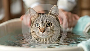 Felidae nature Small cat with whiskers and fur bathing in water