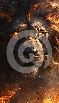 A Felidae with orange eyes, surrounded by fire in darkness