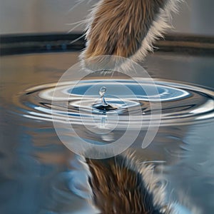 Felidae paw reaches for water drop in closeup shot