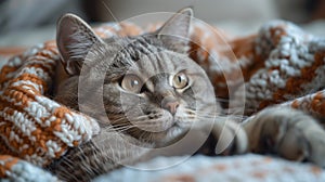 A Felidae, small to mediumsized cat is resting on a blanket on a bed