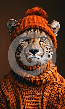 A Felidae with stripes resembling a Bengal tiger dons an orange hat and sweater