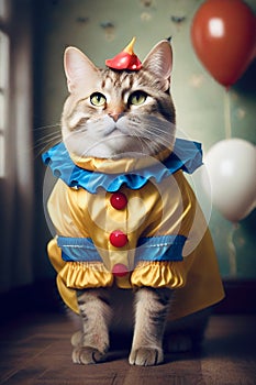 Felidae wearing clown costume with balloons in background