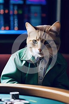 Felidae wearing a green jacket and tie, sitting at a table