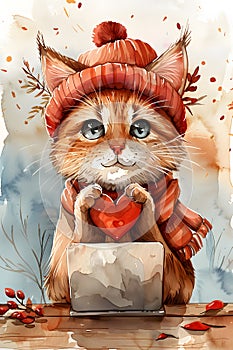 Felidae wearing a hat and scarf holds a heart and a laptop