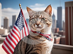 Felidae with whiskers sits before US flag with building background. Generative Ai.