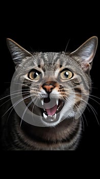 Feline Anticipation: Friendly Cat Licking Its Lips for a Snack in Front of a Black Background Perfect for TV Commercials.