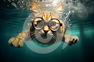 Feline Aquatics: A Cat in Glasses Takes the Plunge Underwater. Generative By Ai