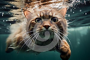 Feline Aquatics: A Cat in Glasses Takes the Plunge Underwater. Generative By Ai