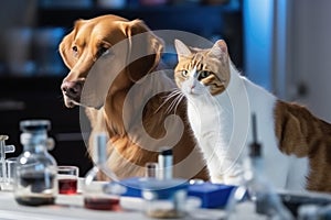 feline and canine scientists in laboratory conducting experiment, testing hypothesis